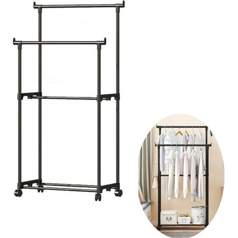 Porte-Manteau à Roulettes, Portant à Vêtements Double Barre, Plastique Porte-manteau, Noir (1/5)