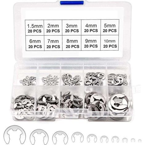 200 E-Clips Externer Sicherungsring-Schnappverschluss, Interner Sicherungsring, Interner Sicherungsring, E-Clip-Ring, Edelstahl-Sortiment-Kit für interne Sicherungsringe – 1,5/2/3/4/5/6/7/8/9/10 mm (1/4)