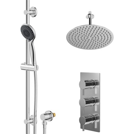 Wholesale Domestic Circo Polished Chrome Concealed Triple Thermostatic Shower Valve and 300mm Thin Round Fixed Head with 150mm Ceiling Arm and Clyde Slide Rail Kit with Round Elbow - 2 Outlet (1/5)