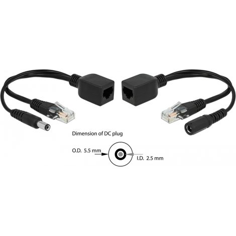 Delock Juego de adaptadores pasivos PoE RJ45 DC 5,5 x 2,5 mm