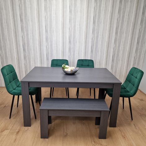 Dining Table and 4 Chairs With Bench Black Dark Grey 4 Velvet Green Chairs Wooden Bench Wood Dining Set Furniture (1/5)
