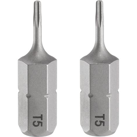 2pcs T5 Embout de Tournevis Torx 1/4" Tige Hexagonale 25mm/1" Longueur Magnétique Tête Étoile à 6 Pans Acier S2 Embout de Tournevis (1/5)