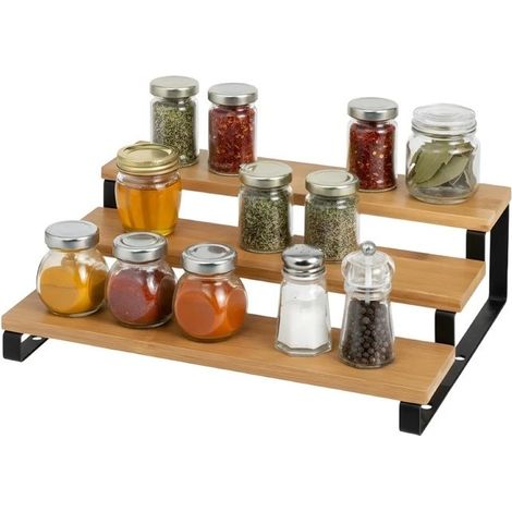 Étagère de rangement d'épices pour cuisine cadre en métal noir et bambou - Longueur 32 X Largeur 24 X Hauteur 9,50 cm (1/5)
