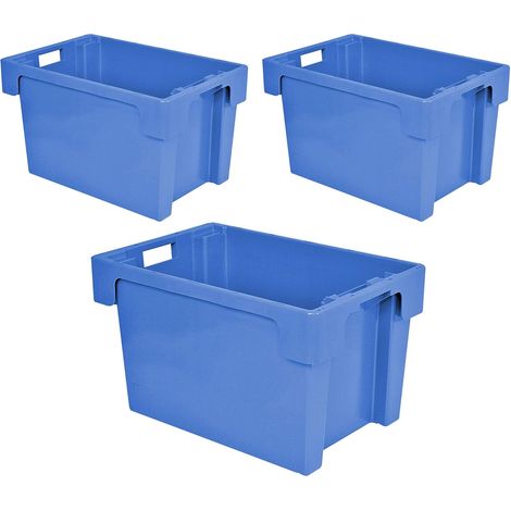 BRB Lot de 3 récipients empilables - Qualité alimentaire - 600 x 400 x 400 mm - 70 l - bleu