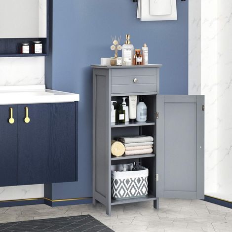 COSTWAY Badezimmerschrank Badschrank, freistehender Schrank mit Schublade & 2 verstellbaren Regale, Bad Midischrank Badkommode schmal, Beistellschrank Kommode Holz für Schlafzimmer Wohnzimmer Grau (1/5)