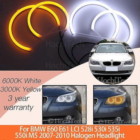 Set Weiß+Gelbe Baumwoll-Angel-Eyes-Halo-Ring-Kits für BMW E60 E61 LCI 528i 530i 535i 550i M5 2007-2010 Halogenscheinwerfer