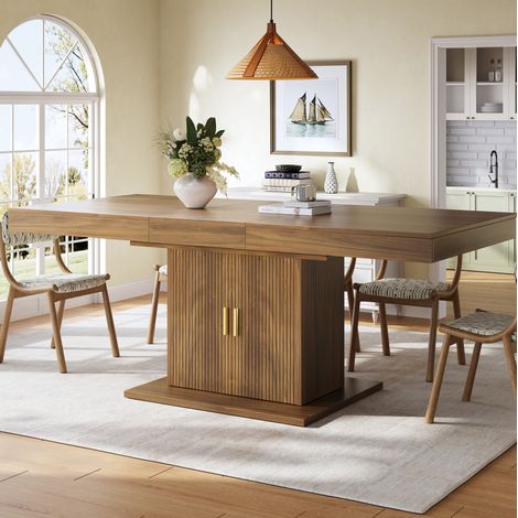 Table à manger 140–180 x 90 x 75,2 cm avec rangement intégré, extensible, effet bois (1/5)