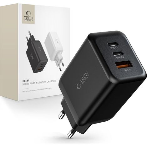 Cargador de red de 3 puertos TECH-PROTECT C65W PD65W/QC3.0 negro