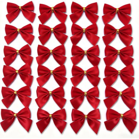 Nœud De Noël - Velours Haute Qualité - Orné De Nœud Torsadé Doré - Pour Décoration De Sapin Et DIY - Rouge - 24 Pièces