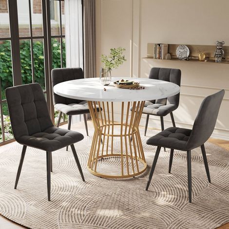 Ensemble repas rond 100 cm avec table blanche et 4 chaises en velours gris foncé, pieds métal dorés (1/5)