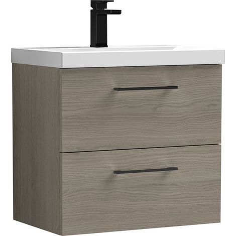 Balterley 600mm Wall Hung Bathroom 2 Drawer Vanity Unit and 1 Tap Hole Ceramic Basin, Woodgrain Mid Oak with Black Handles