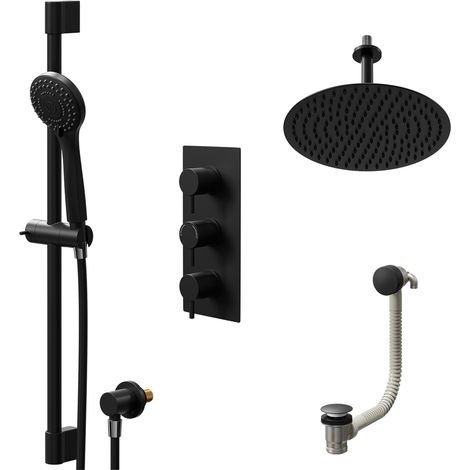 Colore Round Matt Black Concealed Triple Thermostatic Shower Valve with Diverter and 300mm Fixed Head with 150mm Ceiling Arm and Slide Rail Kit and Free-Flow Bath Filler - 3 Outlet (1/5)