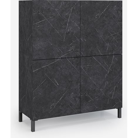 Credenza alta moderna antigraffio con 4 ante cucina soggiorno Alvea - Effetto marmo nero