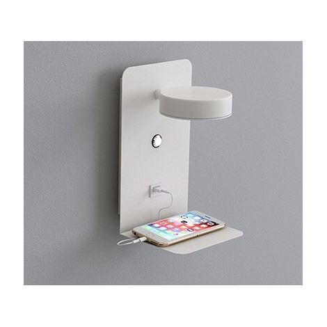 Aplique LED de pared para interiores con interruptor e interfaz USB, 12 W - Lámpara de mesita de noche tricolor regulable, luz de lectura de pared ajustable a 90° con bandeja - Blanco