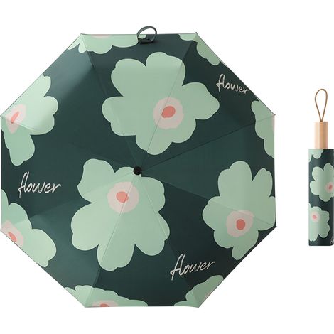 Parapluie pliant motif floral anti-UV imperméable et solaire 2-en-1 ombrelle voyage vert foncé (1/5)