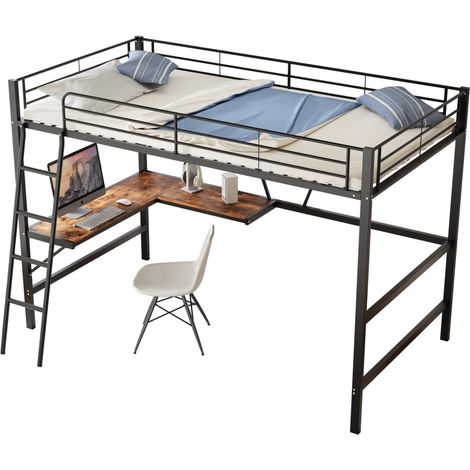 Letto a soppalco 90x200 cm in metallo nero con scrivania a L e scaffale, struttura con sponda di sicurezza e scala per bambini, ragazzi e adulti CHICFURN (1/5)