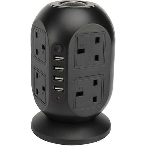 Multiprise verticale, prise, multiprise secteur à 8 prises, avec protection contre les surcharges USB, rallonge de 3 mètres, noire. (1/4)