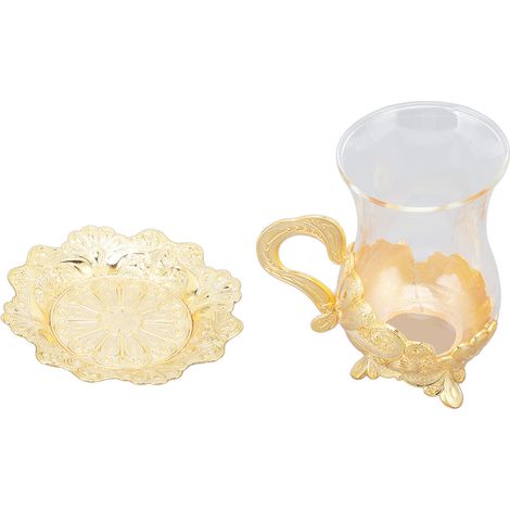 Tasses à café dorées, élégantes tasses à café européennes finement sculptées, style rétro, en alliage de zinc, avec soucoupe, idéales pour un bar ou une table à thé. (1/5)