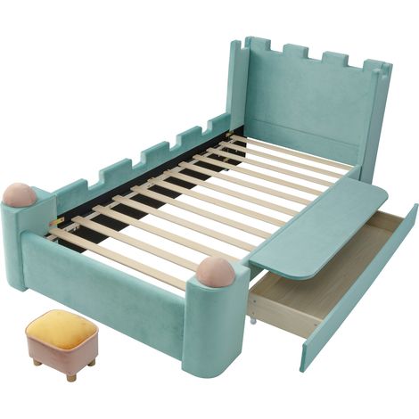 Cama infantil cabaña castillo 90x200 cm en terciopelo francés azul verdoso con cajón (1/5)