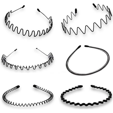 Hair Hoop - Black Wavy Metal Headband Set - Unisex Adjustable Spring Hairband for Short or Long Hair - 6 Pieces (1/5)