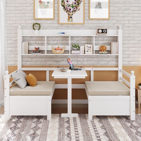 Canapé-lit multifonctionnel en bois massif 200x90cm, 2 en 1 lit et bureau, convertible à volonté, avec étagère de rangement, coussins confortables, lit d'appoint, lit simple en bois, blanc, garanti...