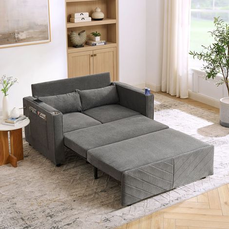 Divano letto 3 in 1 minimalista, elegante e lussuoso a 2 posti, con design a scorrimento trasformabile, ricarica USB, perfetto per i sonnellini, grigio scuro.