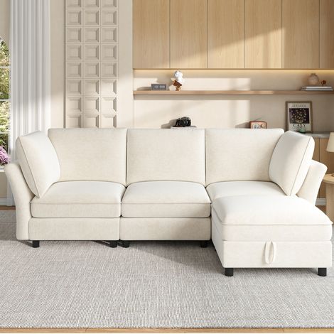 Sofá modular esquinero 4 plazas con puf arcón, chenilla beige DESVIAE (1/5)