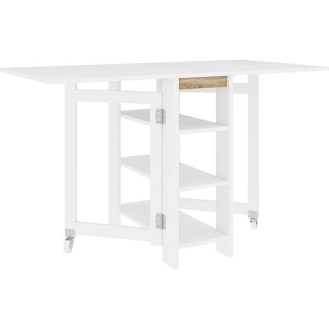 Table de cuisine pliable moderne avec 3 étagères et 2 abattants 120 x 60 x 75 cm couleur blanche idéal pour salle à manger (1/5)