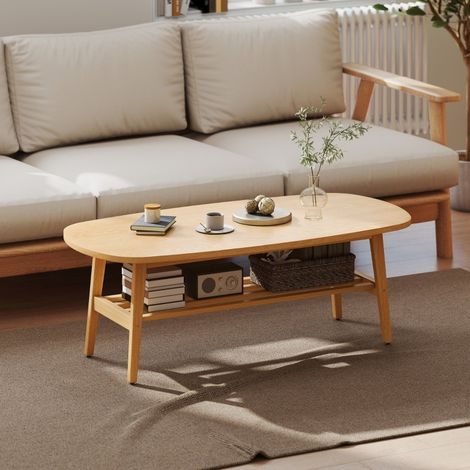 Mesa baja ovalada con estante, 120 x 60 x 42 cm, madera natural OKMYHOME