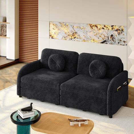 MODFU – Canapé-lit 3-en-1 coulissant 166x84x90 cm chenille – Couchage double et méridienne – Poches latérales et structure bois/métal – Studio – Noir (1/5)