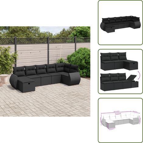 The Living Store Salon de jardin 7 pcs avec coussins noir résine tressée - Ensemble Salon De Jardin - Mobilier Extérieur - Salon De Jardin Design - Fauteuil De Jardin - Table Basse Jardin (1/5)