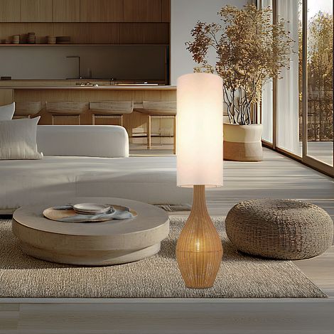 Lampadaire LED aspect rotin brun Lampadaire boho textile lampe de salon blanc lampe d'appoint, plastique, 2x 9W 2x 810lm blanc chaud, DxH 27 x 125 cm