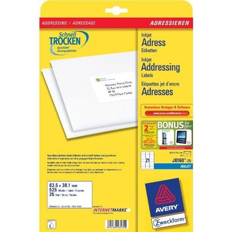 Avery J8160-25 etiqueta de impresora Blanco