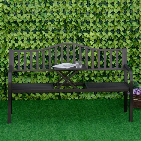 Dreisitzer-Gartenbank mit Lattenrost und klappbarem Tisch, Metall, 150 x 58,5 x 90 cm, Schwarz