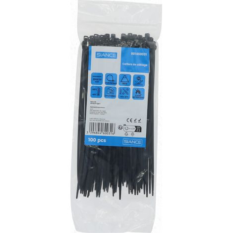 Lot de 100 colliers de câble 3.6 x 200mm Noir - SIANCE