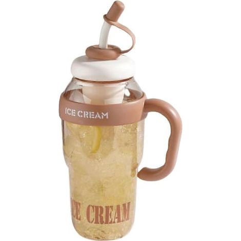 Gourde de 1300 ml avec poignée, couvercle et paille, étanche, sans BPA, résistante à la chaleur, portable, marron foncé. (1/5)