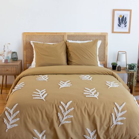sweeek - Bettwäsche-Set aus vorgewaschener Baumwolle mit getufteten Pflanzenmotiven 2 Personen senfgelb - 260 x 240 cm