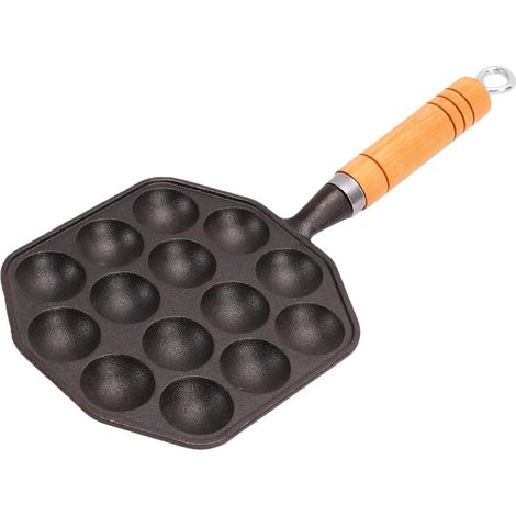 Poêle Takoyaki, Poêle à Boules de Poulpe en Fonte avec 14 Trous, Poignée Amovible en Bois de Hêtre, Antiadhésive pour Cuisinière à Gaz, Cuisine à Domicile, Fêtes (1/5)
