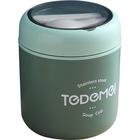 Thermoskanne für warme Speisen, isolierte Lebensmittelbehälter, Edelstahl-Thermoskanne mit Klapplöffel für warme Mahlzeiten, Suppen zum Mitnehmen (grün) (1/5)