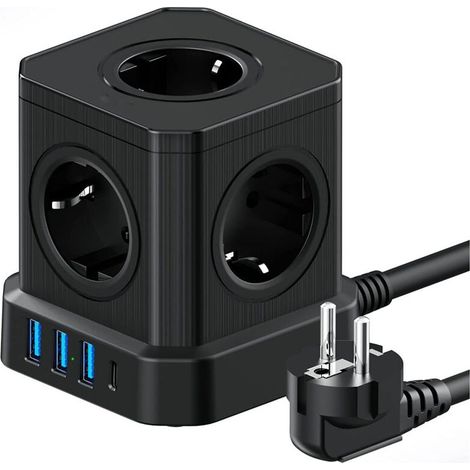 Multiprise Cube 9-en-1 avec USB 5 Prises EU avec 3 Ports USB-A et 1 Port USB-C 4000W Prise avec Interrupteur et Cable 2M Rallonge (1/4)