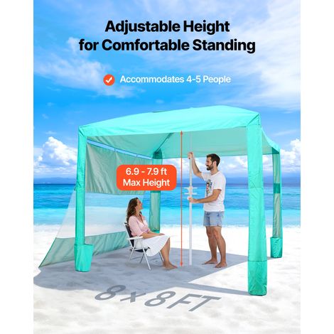Tonnelle de Plage 2,4 x 2,4 m, Abri de Plage avec Parois Latérales et Poches à Sable, Tente Portable pour Camping Extérieur, Protection UPF 50+, Hauteur Réglable, Espace Ombragé Spacieux, Verte (1/5)