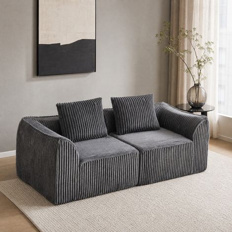 Divano modulare in velluto a coste grigio, linee curve, 2 cuscini, 185x101x72,5 cm (1/5)
