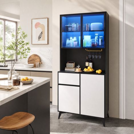 Aparador vitrina 80 x 40 x 180 cm con LED, 1 cajón, 4 puertas, negro y blanco DESVIAE (1/5)
