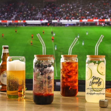 20-oz-Glasbecher mit Bambusdeckel und Glasstrohhalm – 4er-Set bierförmige Trinkgläser, Eiskaffeegläser, hübsche Becher, ästhetisches Kaffeebar-Zubehör, Geschenkidee (1/5)