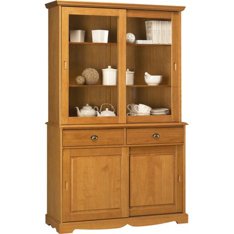 Beaux Meubles Pas Chers – Vaisselier pin massif miel 4 portes coulissantes – 2 tiroirs – Dimensions L 121 x H 198.8 x P 42.3 cm – Structure en pin replaqué