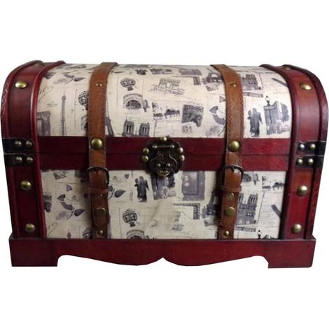 Baule piccolo in ciliegio con inserto color crema a tema viaggio. (1/3)