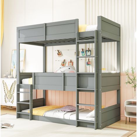 Letto a castello per bambini 90x200 cm 3 posti letto, grigio, struttura in legno FloraGrace (1/5)