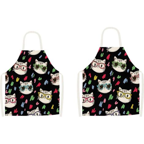 Delantal de cocina personalizado con estampado de gato en lino y algodón - Ajustable, resistente a las manchas para hombres y mujeres - Barbacoa, cocina (2 piezas) (1/5)