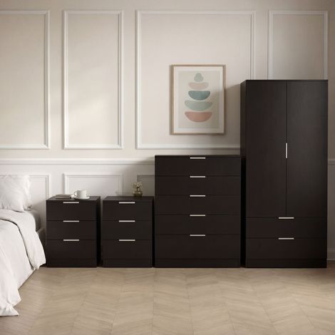 Trega Bedroom Furniture Set 4pc – 2x 3 Drawer Bedside, 5 Drawer Chest & 2 Door Wardrobe, Black