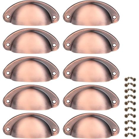 Lot de 10 poignées de style rétro, poignées de tiroir de 8,1 x 3,5 cm, poignées décoratives de cuisine, quincaillerie pour meubles en cuivre rouge brossé (1/4)